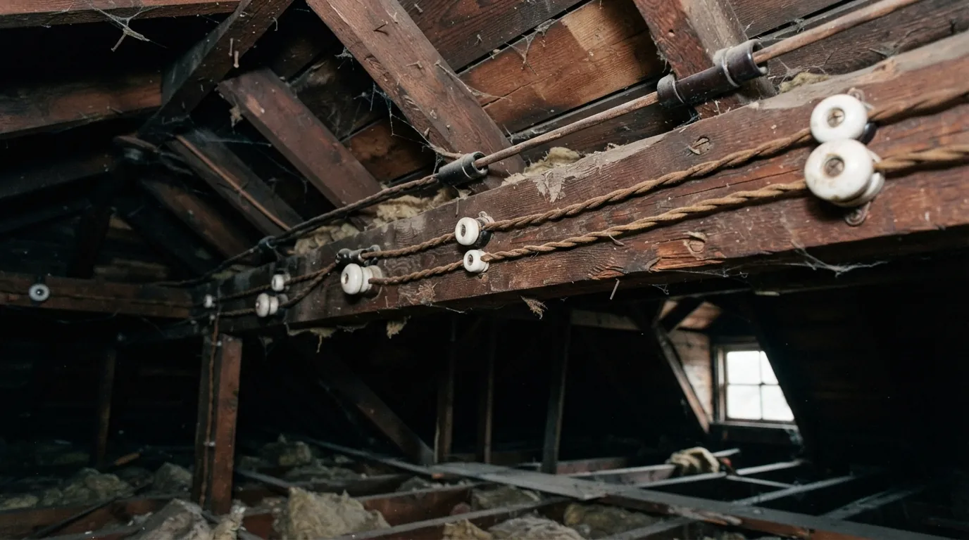 Knob and tube wiring on attic joists in a New York City house