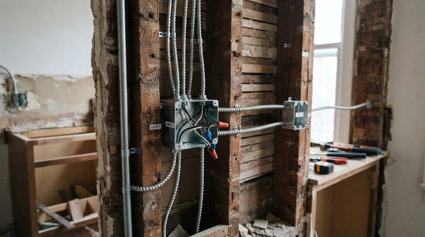 New armored cable in an opened kitchen wall in a New York City row house