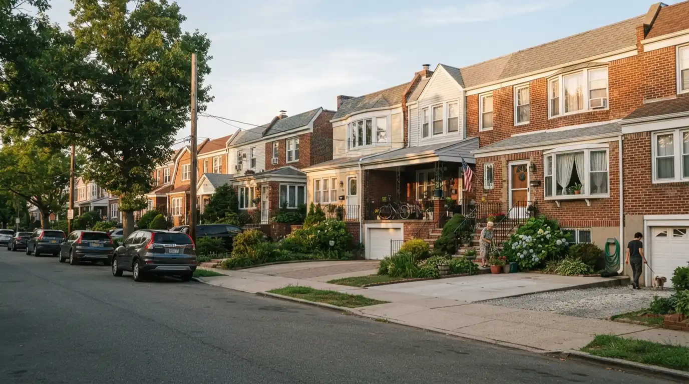 Two-family houses with driveways on a Queens street