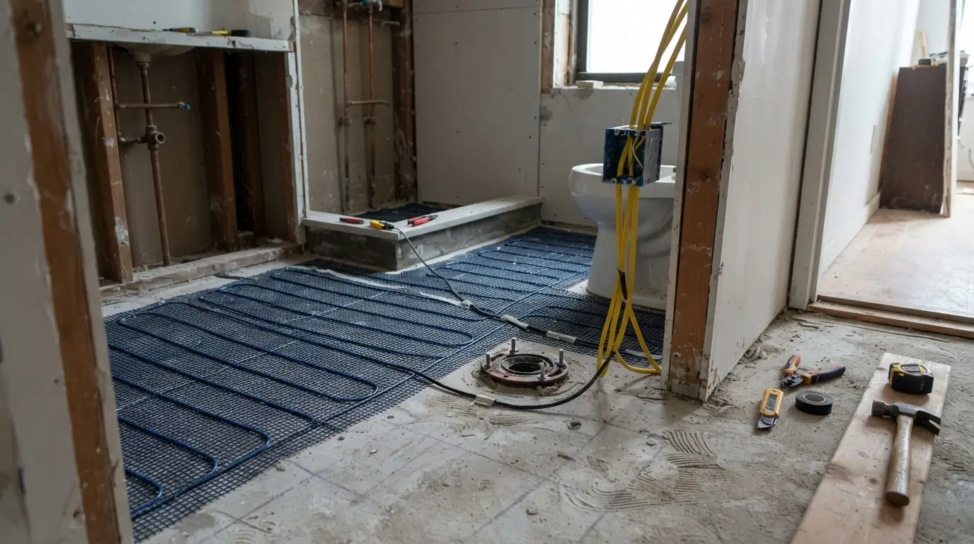 Heated floor wiring before tile in a New York City bathroom