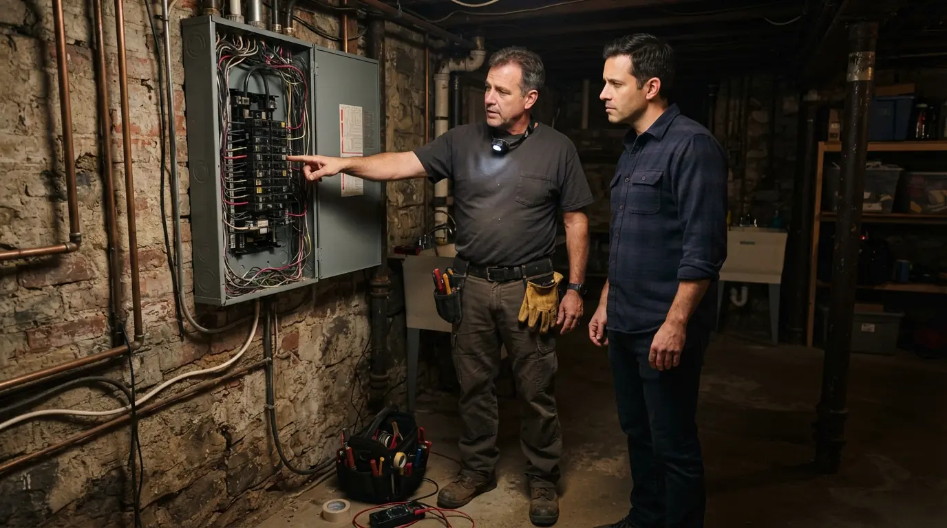Homeowner and electrician at a breaker panel in a New York City brownstone basement