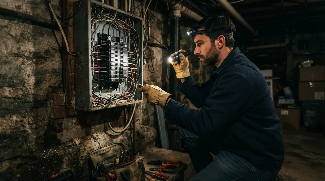 Electrician checking a breaker panel in a Bensonhurst row house basement