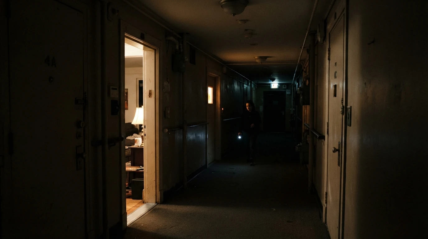Partial power outage in a New York City apartment at night