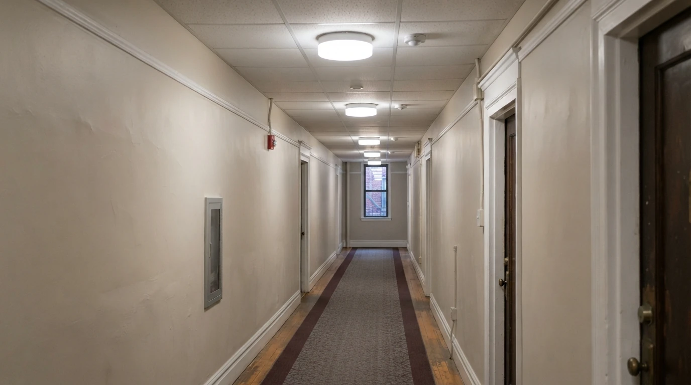 LED hallway fixtures with sensors in a New York City apartment building