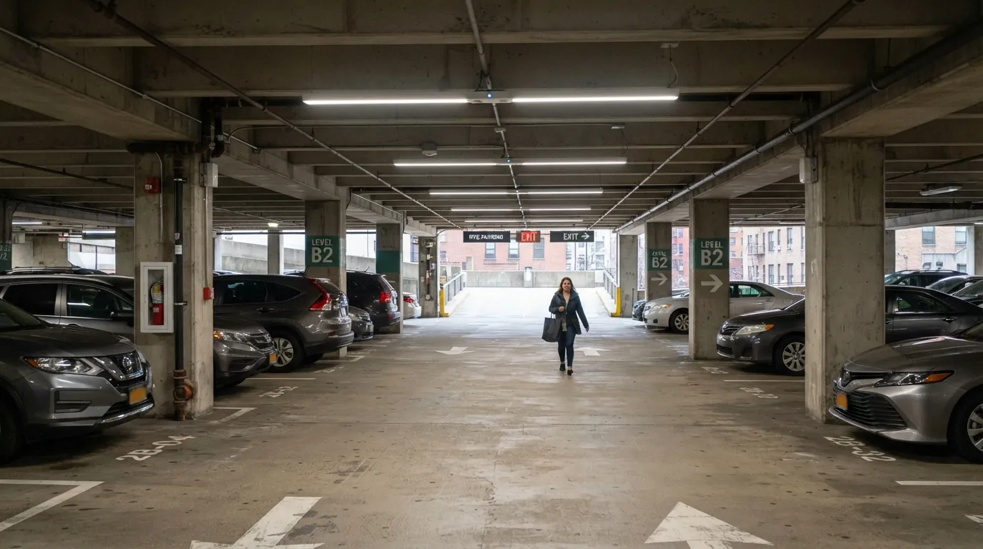 LED garage lighting with sensors in a New York City building