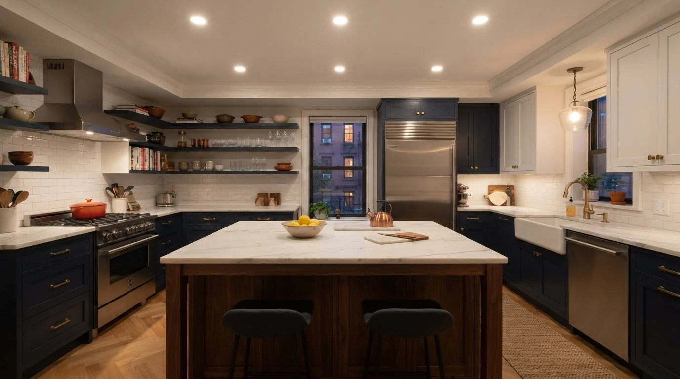 Recessed LED layout over a kitchen island in a New York City co-op