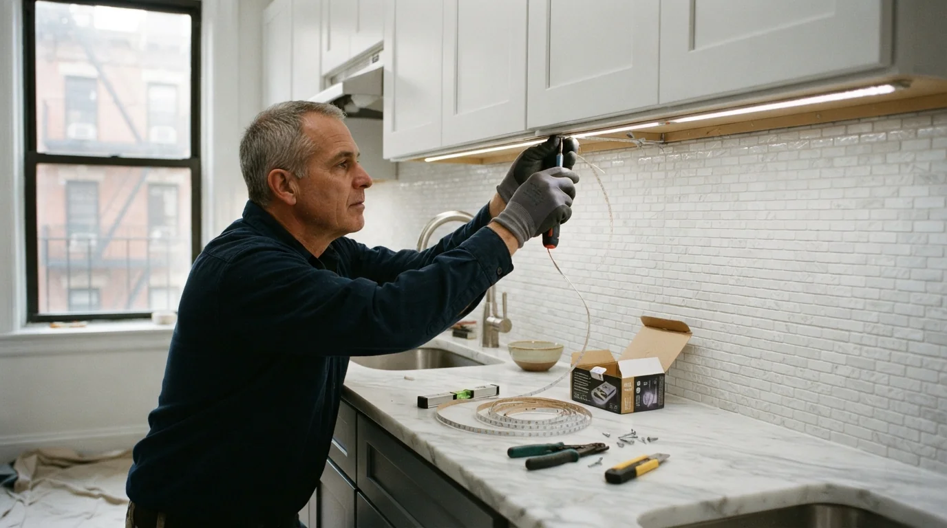 Under-cabinet LED lighting in a New York City co-op kitchen