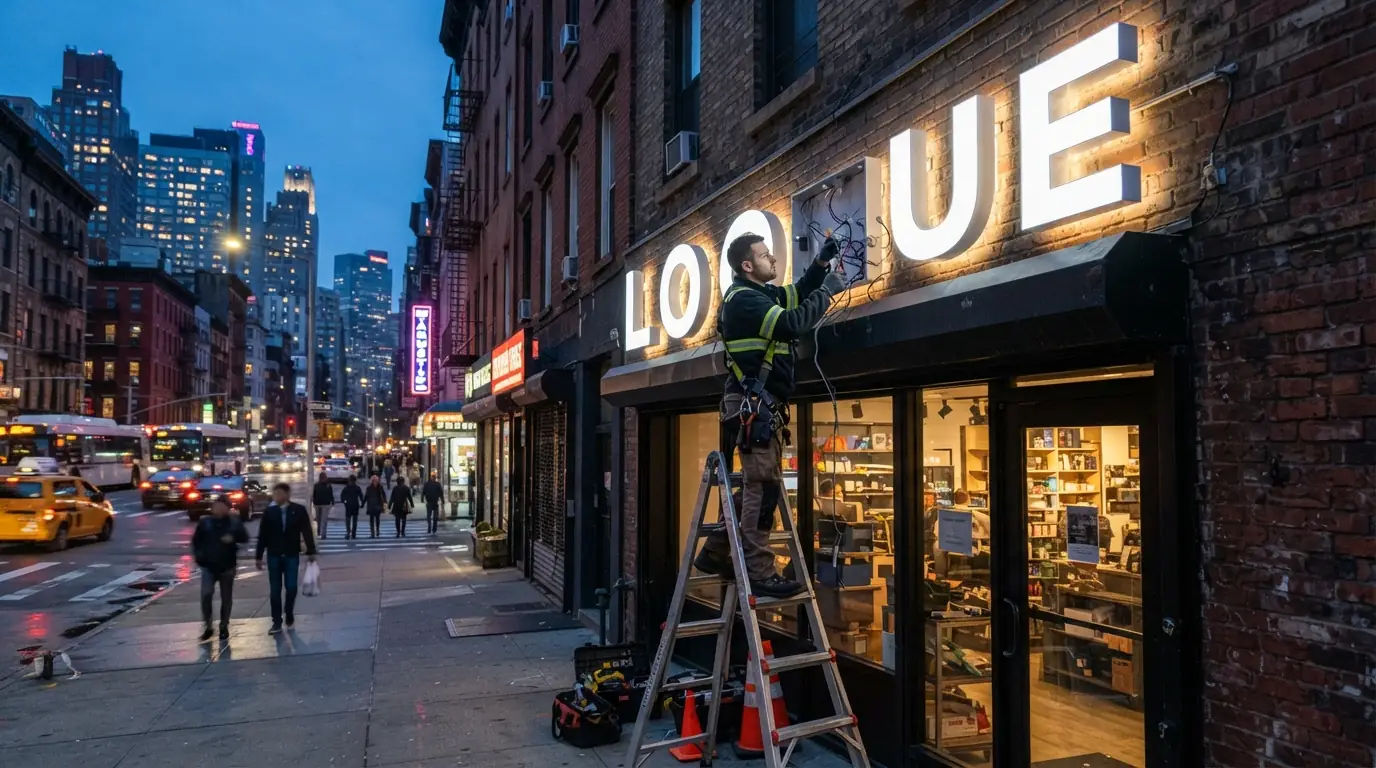 Connecting an illuminated storefront sign in New York City
