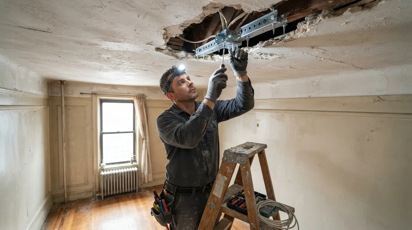 Fan-rated brace box in a plaster ceiling in a New York City apartment