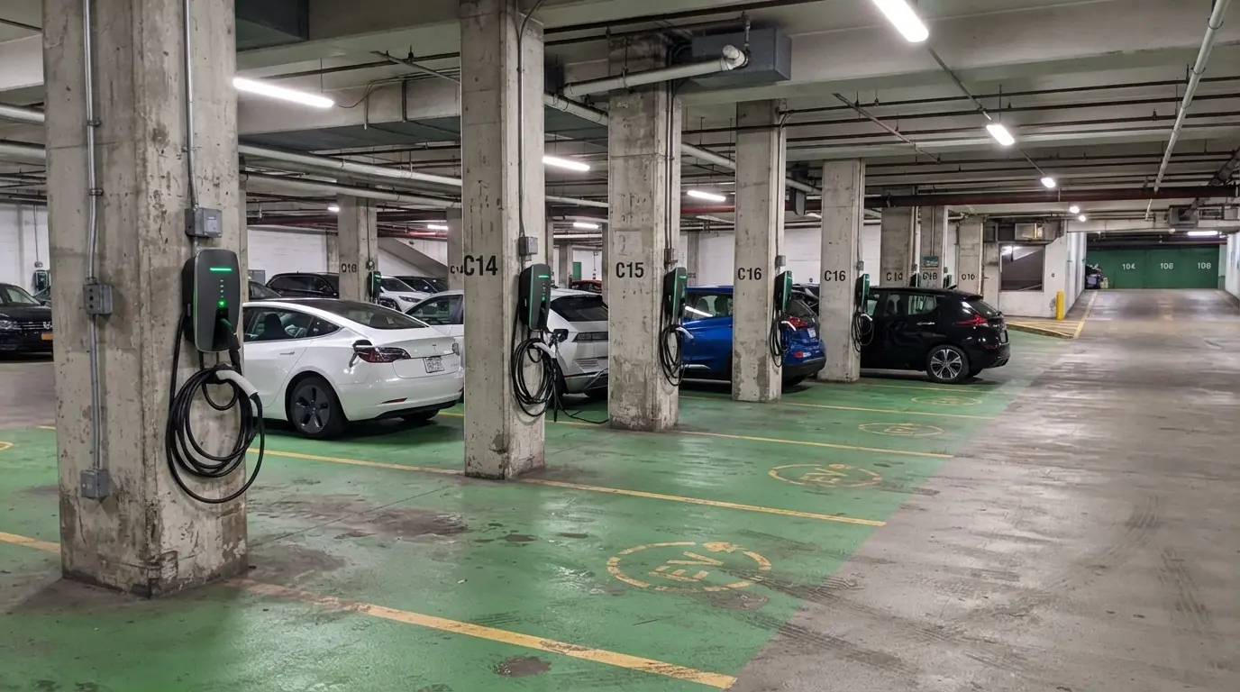 Networked EV chargers in a New York City parking garage
