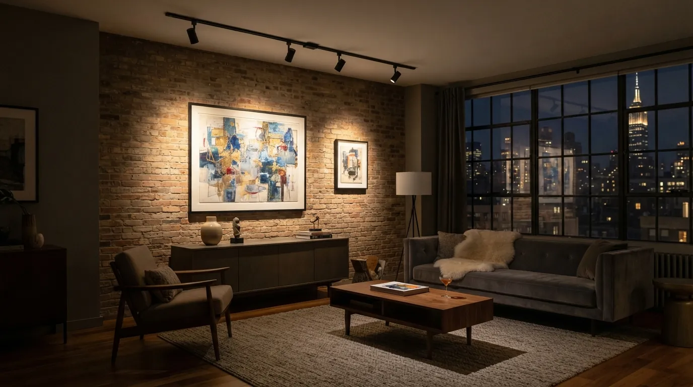 Track lighting on artwork in a New York City apartment