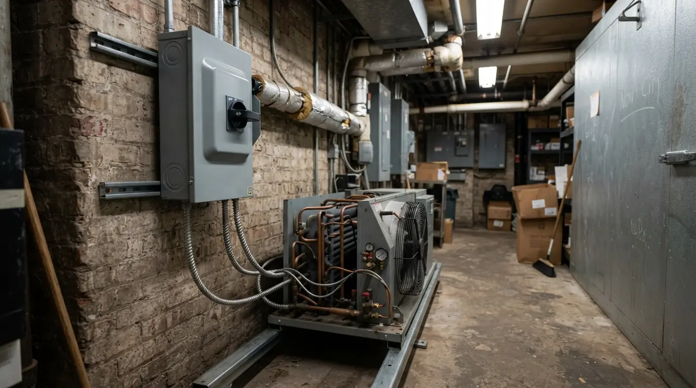 Walk-in cooler disconnect in a New York City restaurant basement