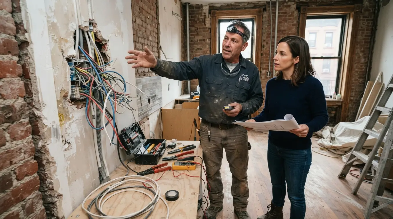 Electrician explaining wiring options to a homeowner in a New York City brownstone kitchen