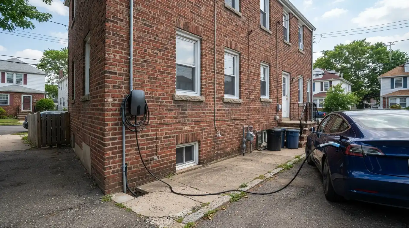 Level 2 EV charger installed on a New York City driveway wall