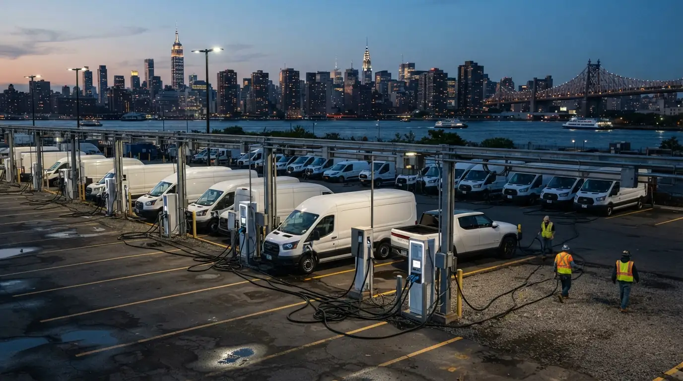 Electric fleet vans charging at a New York City depot