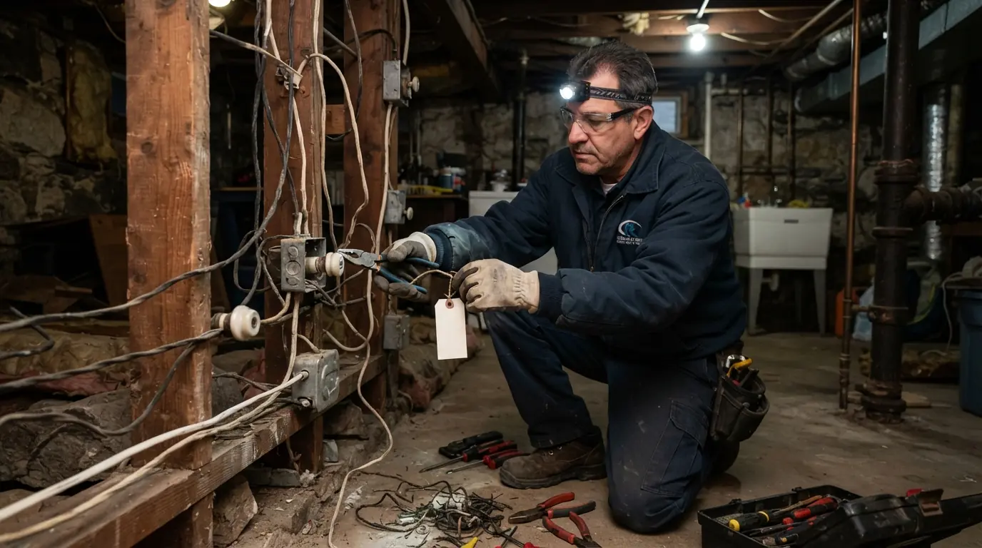 Tagging disconnected knob and tube wiring in a New York City basement