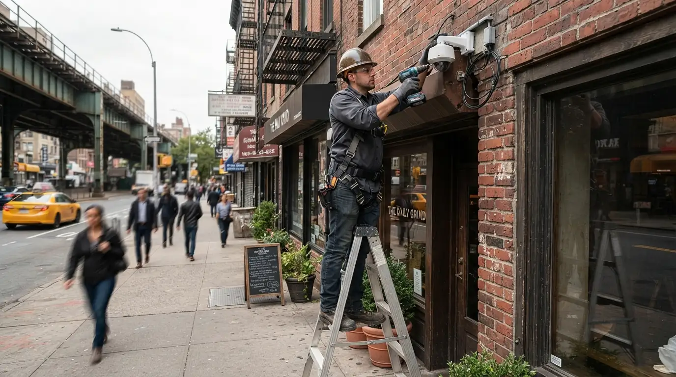 PoE camera over a New York City storefront entrance