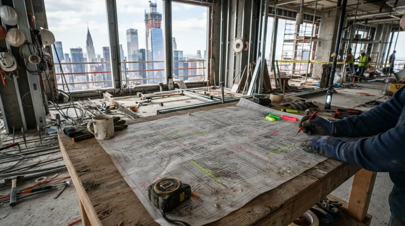 Riser diagram and panel schedules on a New York City job site