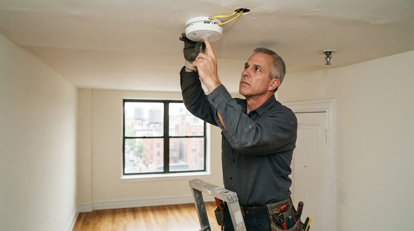 Testing a smoke detector during a New York City rental turnover