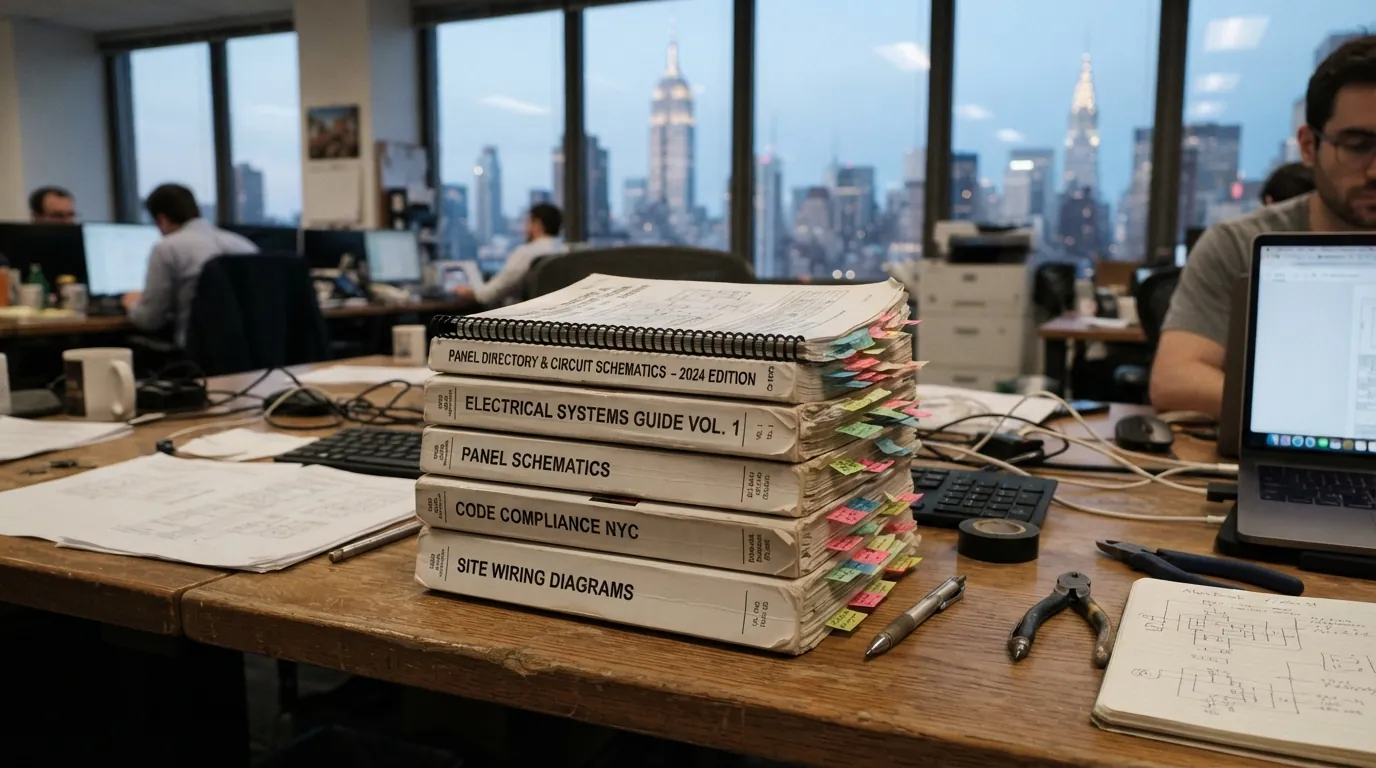 Printed electrical guides and a panel directory on a desk in New York