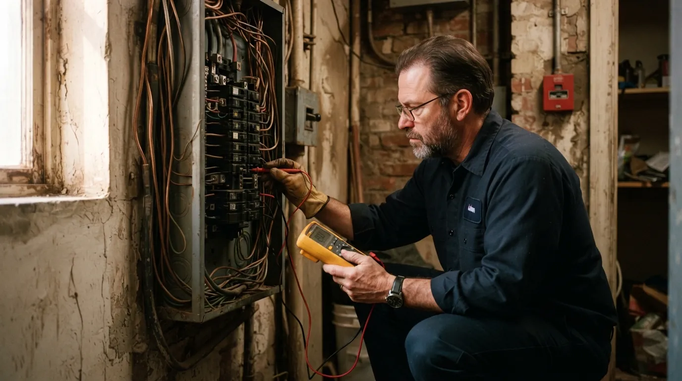 Electrician tracing a fault at an older breaker panel in New York, NY