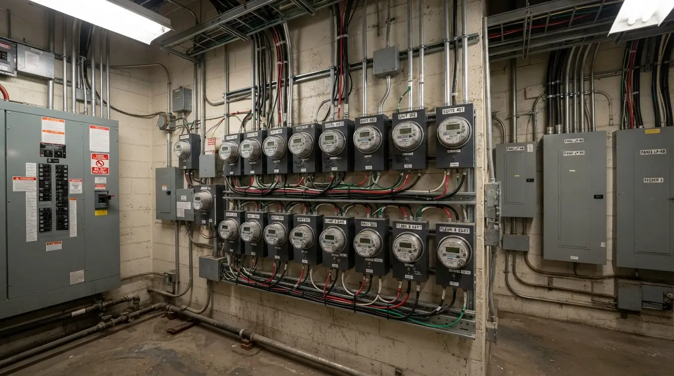 Tenant sub-meters in a New York City commercial building electrical room