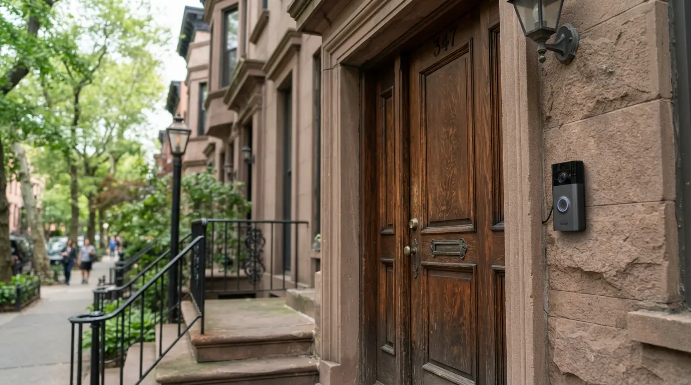 Video doorbell beside a New York City brownstone door