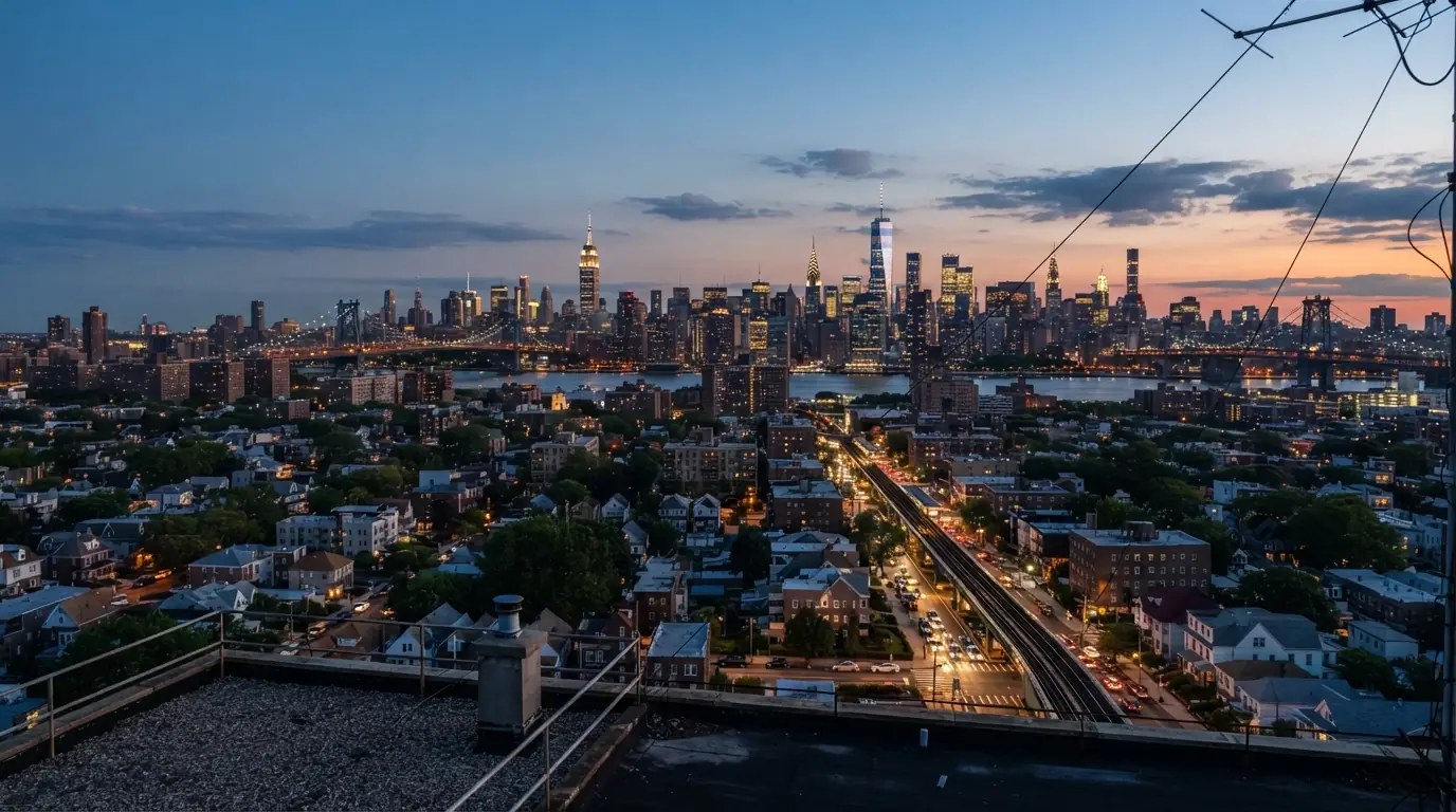 Lower Manhattan skyline and the East River at dusk