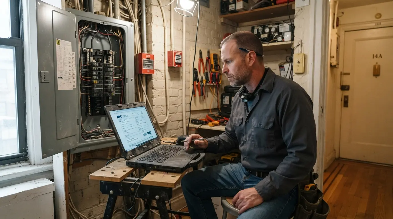 Reviewing an open electrical permit record in a New York City apartment