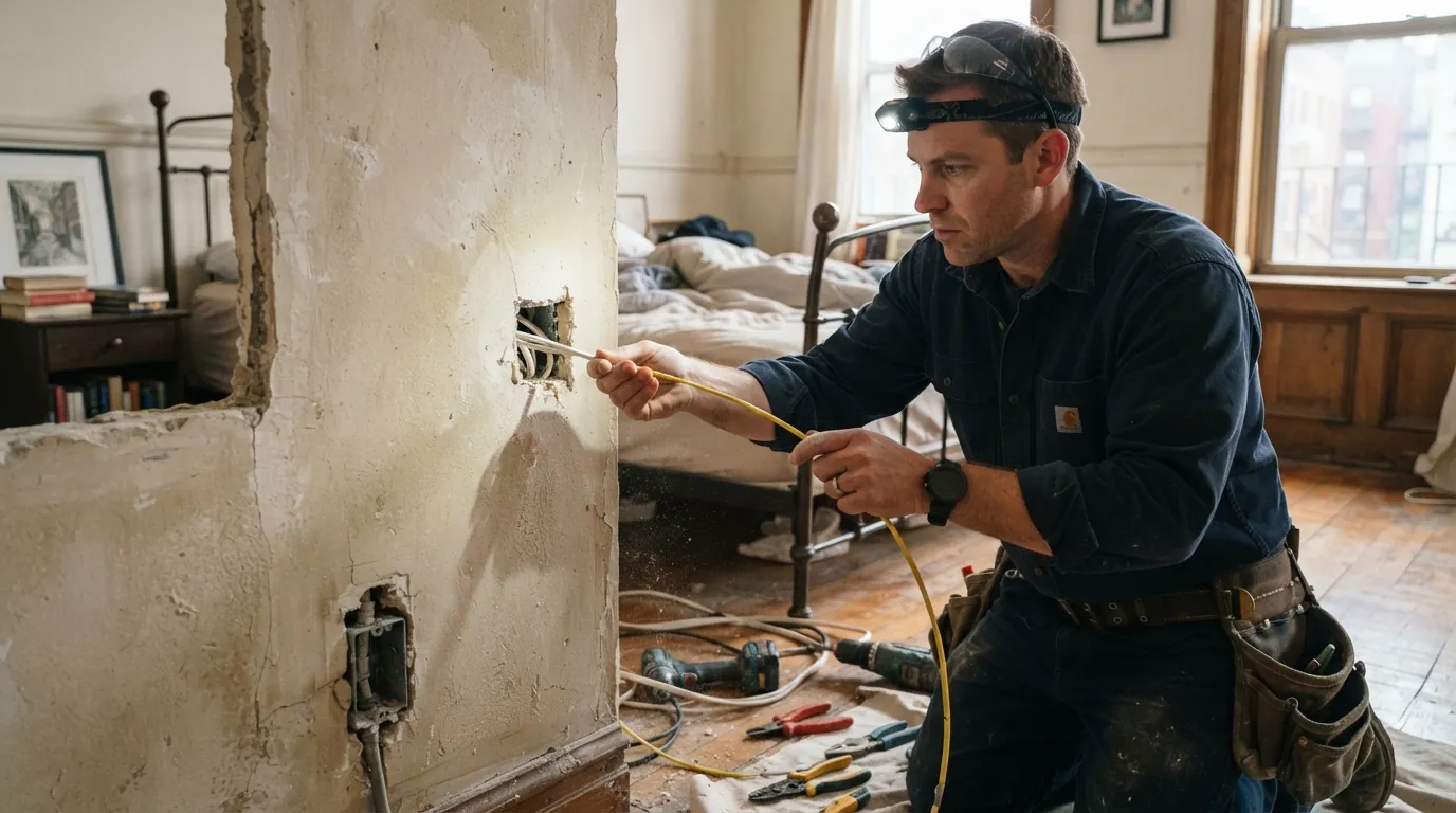 Adding an outlet through plaster in a New York City bedroom