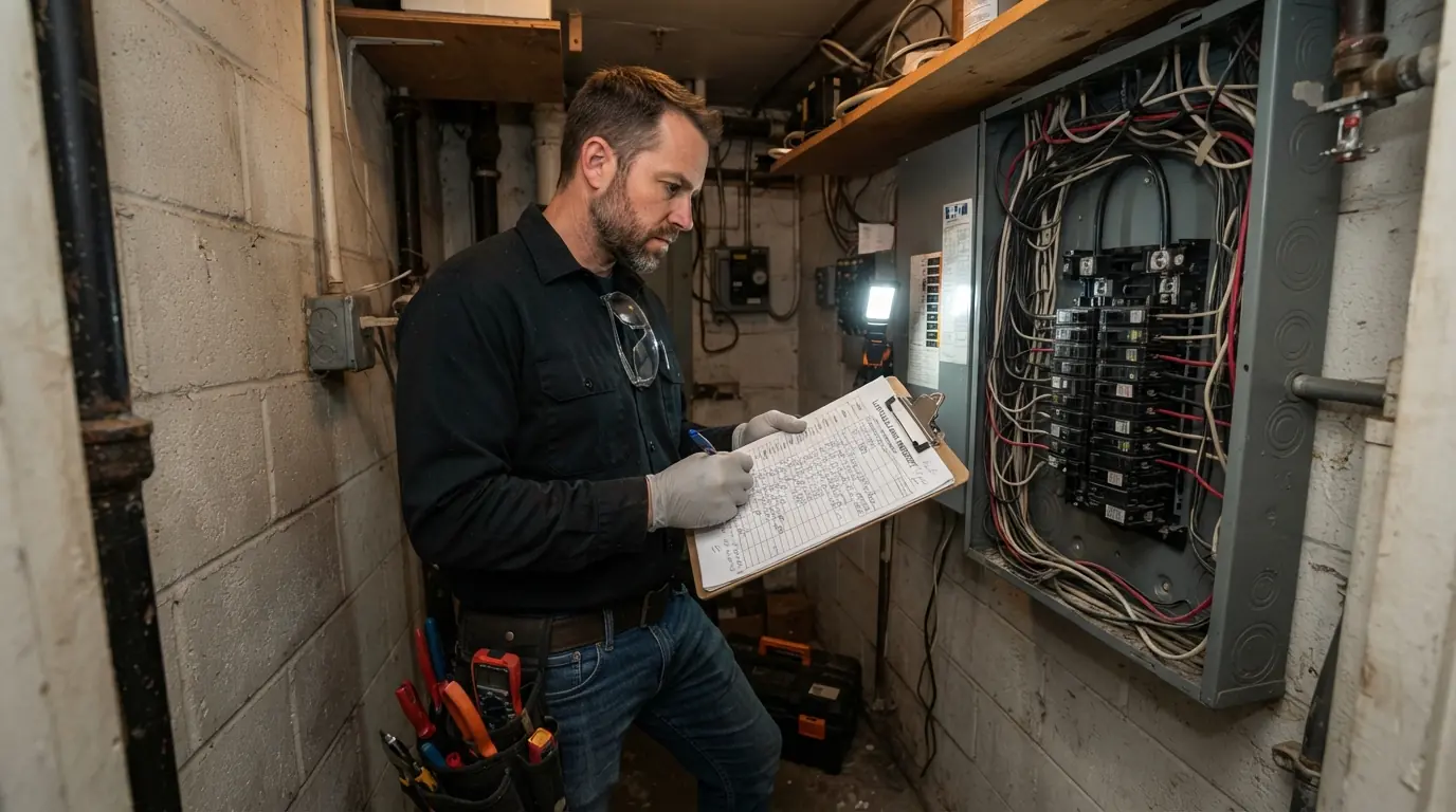 Electrician reviewing a load calculation beside an open panel in a New York City apartment