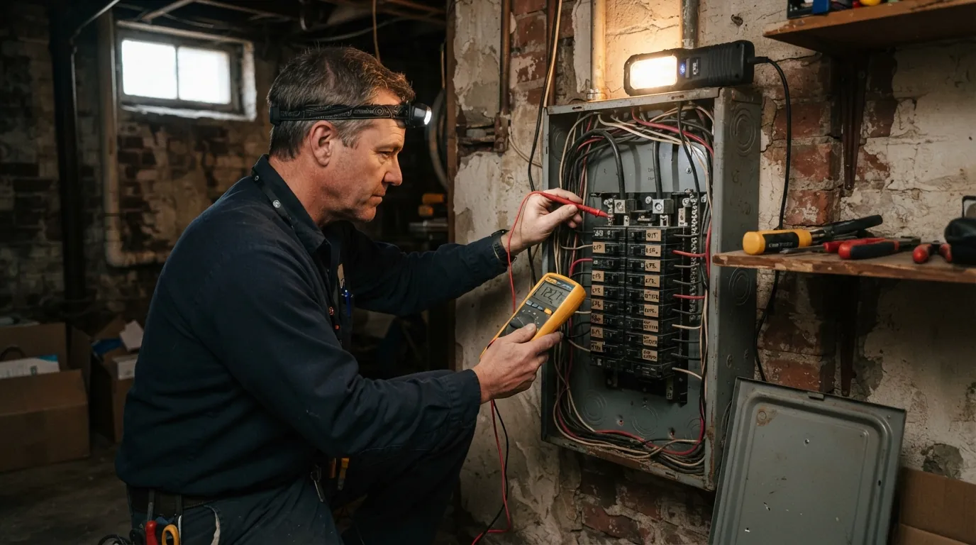 Electrician testing the main breaker during an outage at a Howard Beach house