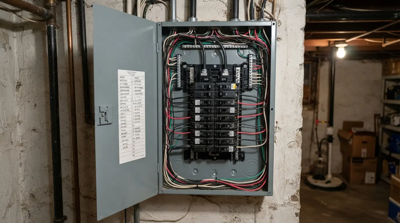 New 200-amp panel with labeled breakers in a New York City basement