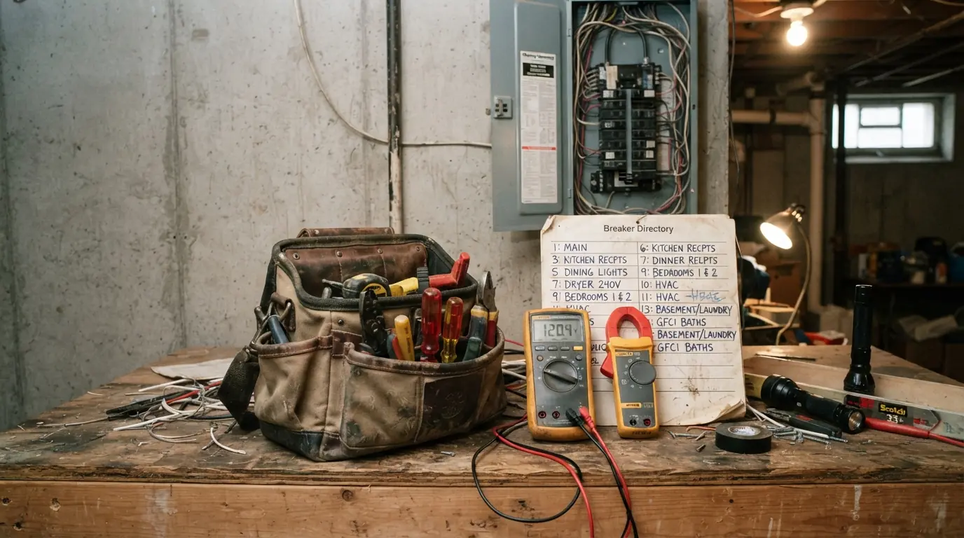Electrician tool bag, meters and a labeled breaker directory on a New York basement workbench