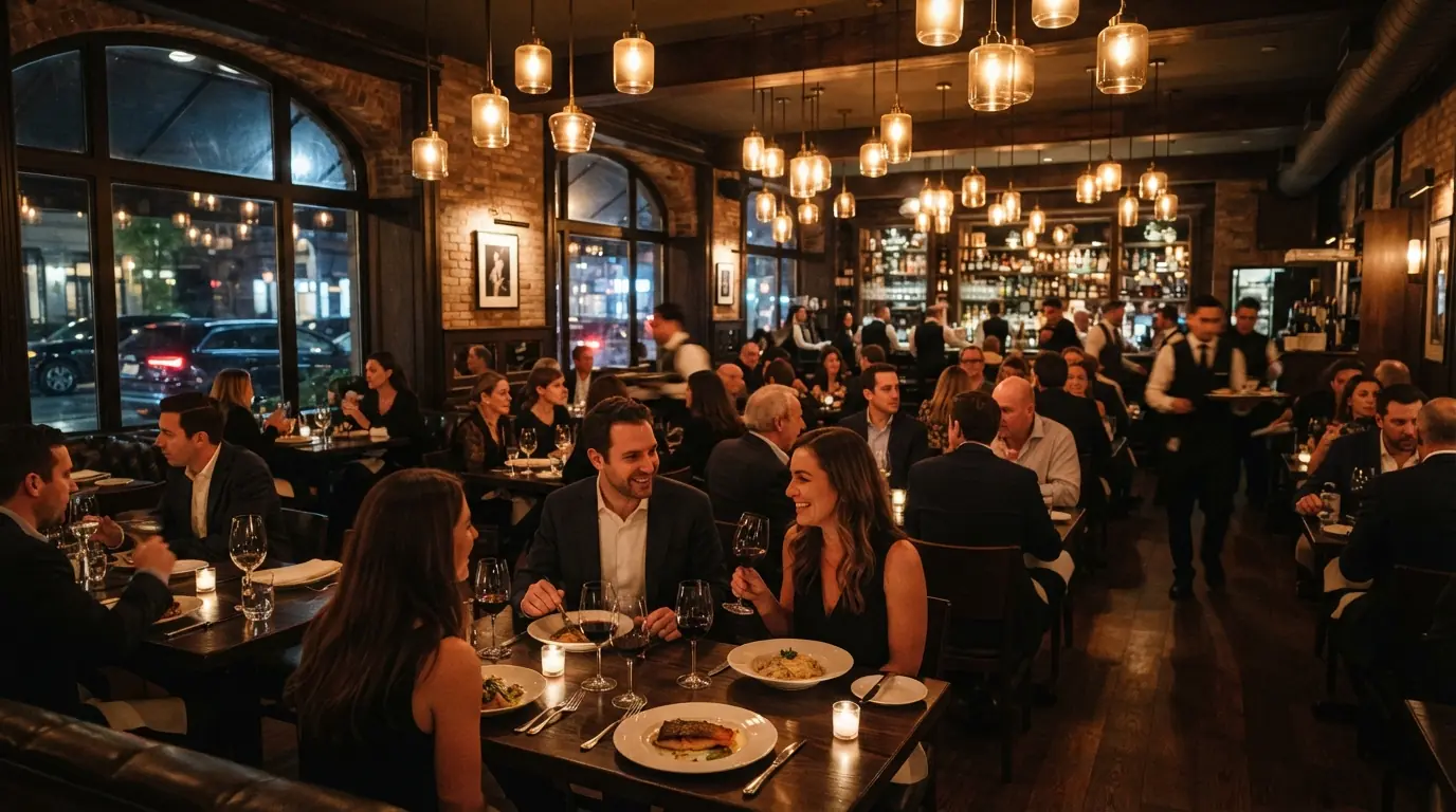 Dimmed dining room lighting in a New York City restaurant