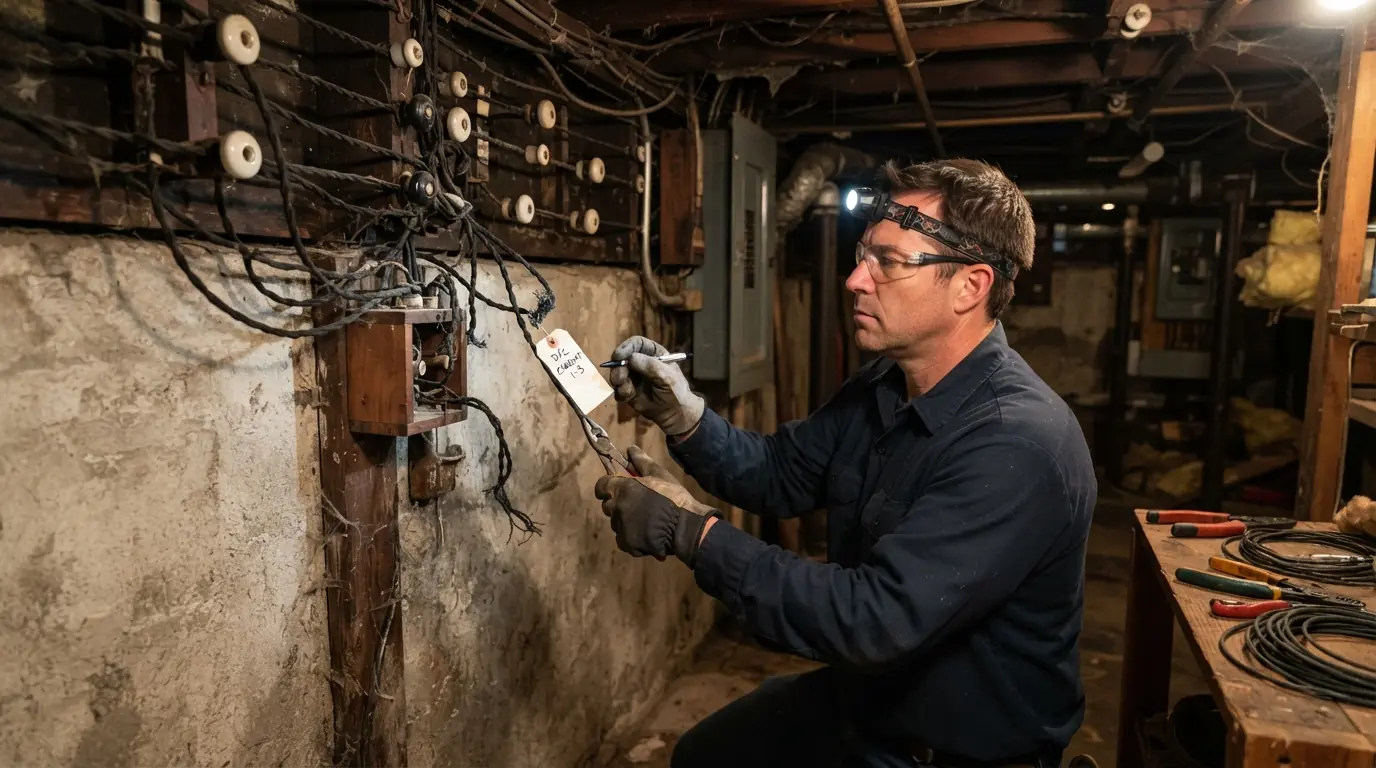 Tagging disconnected knob and tube in a New York City basement