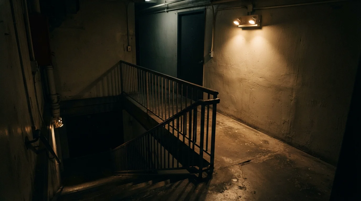 Emergency lighting on a New York City stairwell landing