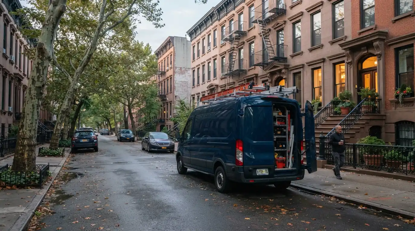 Electrician's van on a Brooklyn brownstone block