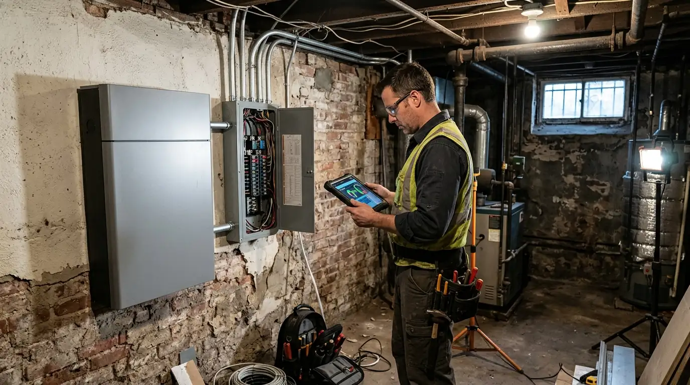 Electrician commissioning a home battery beside a backup loads panel