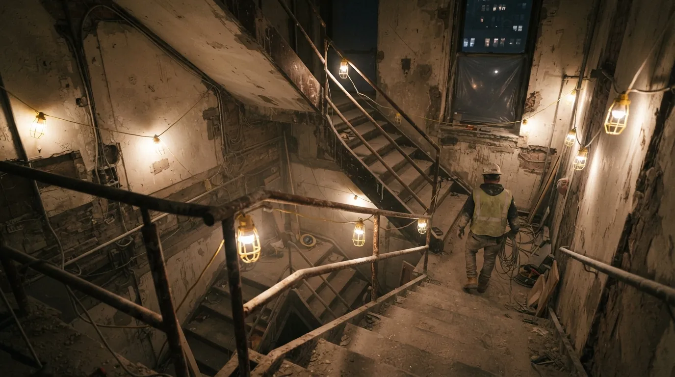 Temporary stair lighting in a New York City building under renovation