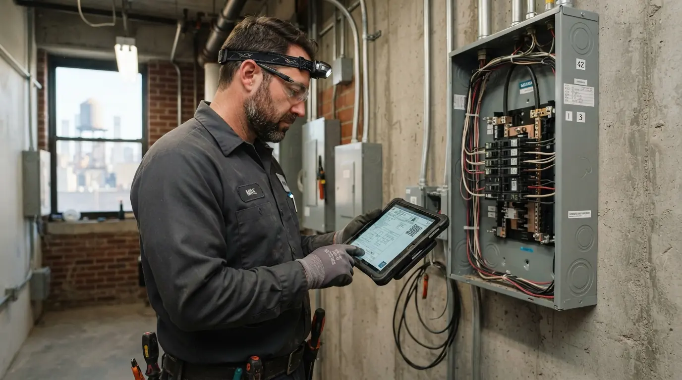 Reviewing a DOB permit filing beside a new panel in New York City