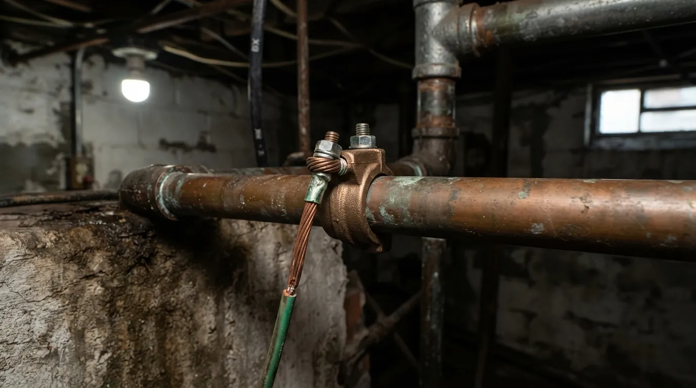 Grounding clamp on a water pipe in a New York City basement