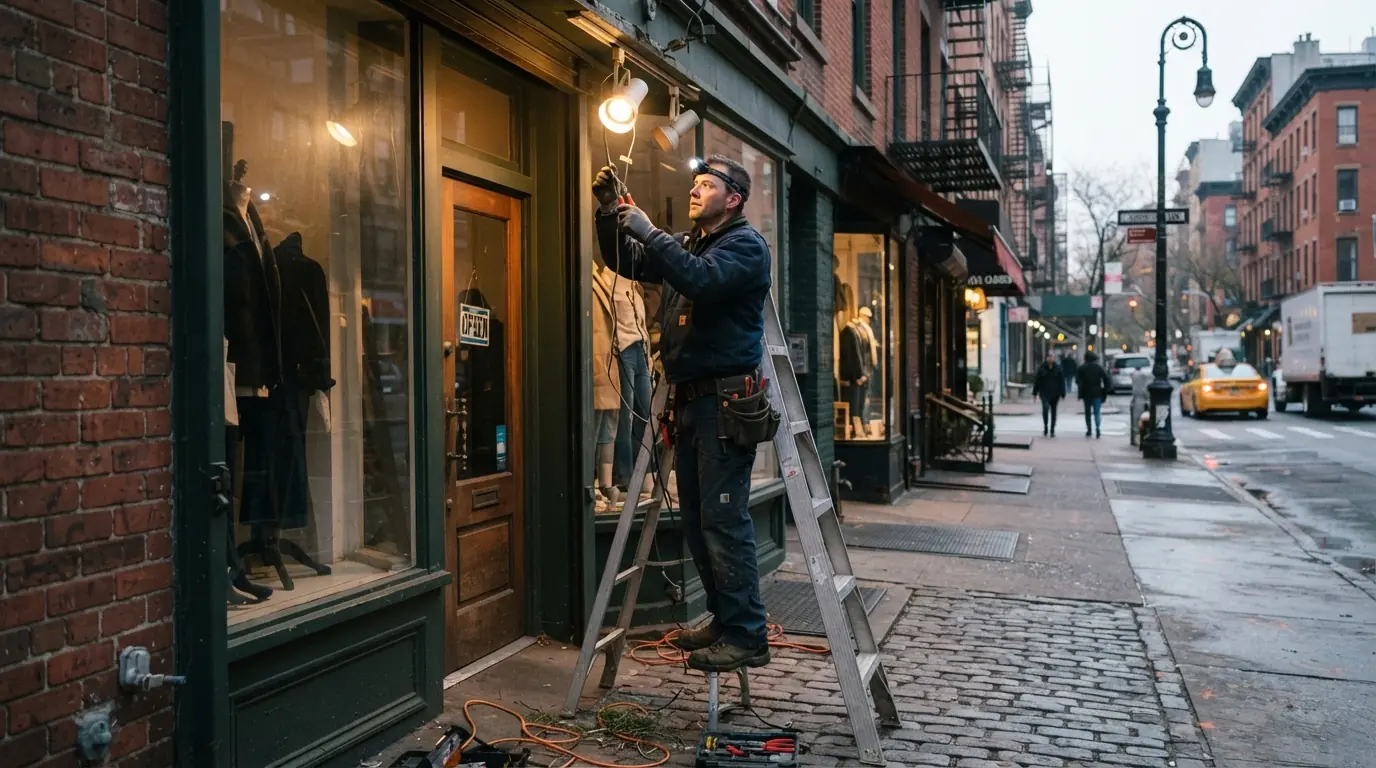 Repairing storefront lighting at a New York City shop