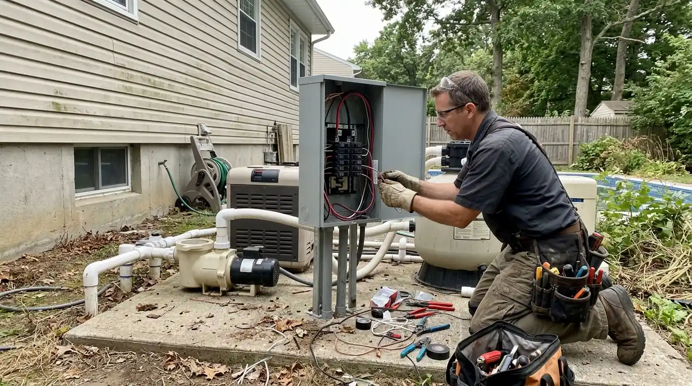 Electrician wiring a pool equipment subpanel behind a house