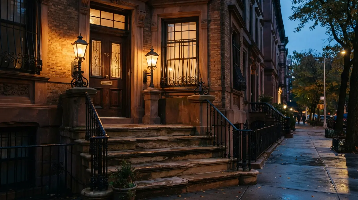 Lanterns lighting a brownstone stoop in New York City
