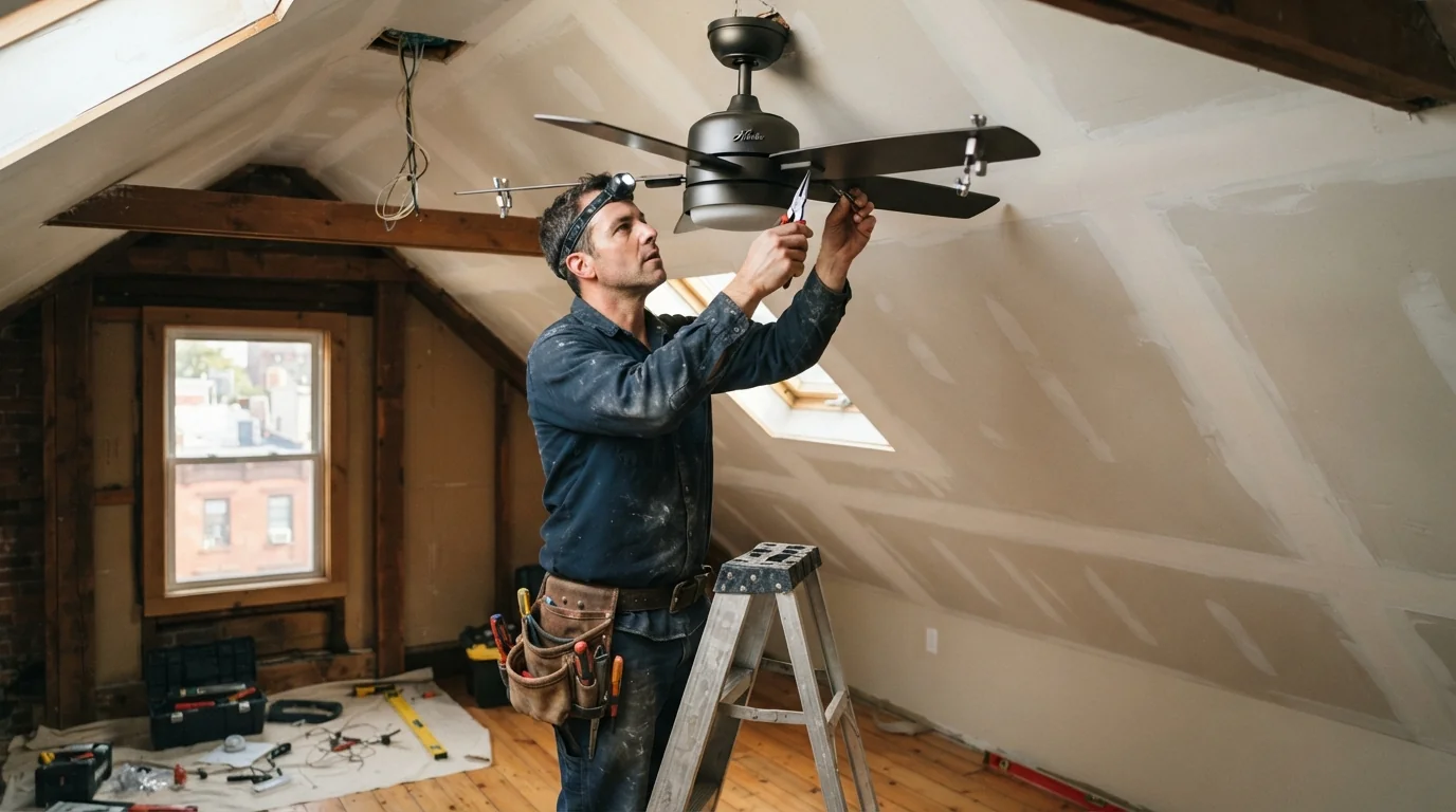Balancing a ceiling fan under a sloped ceiling in a New York City house