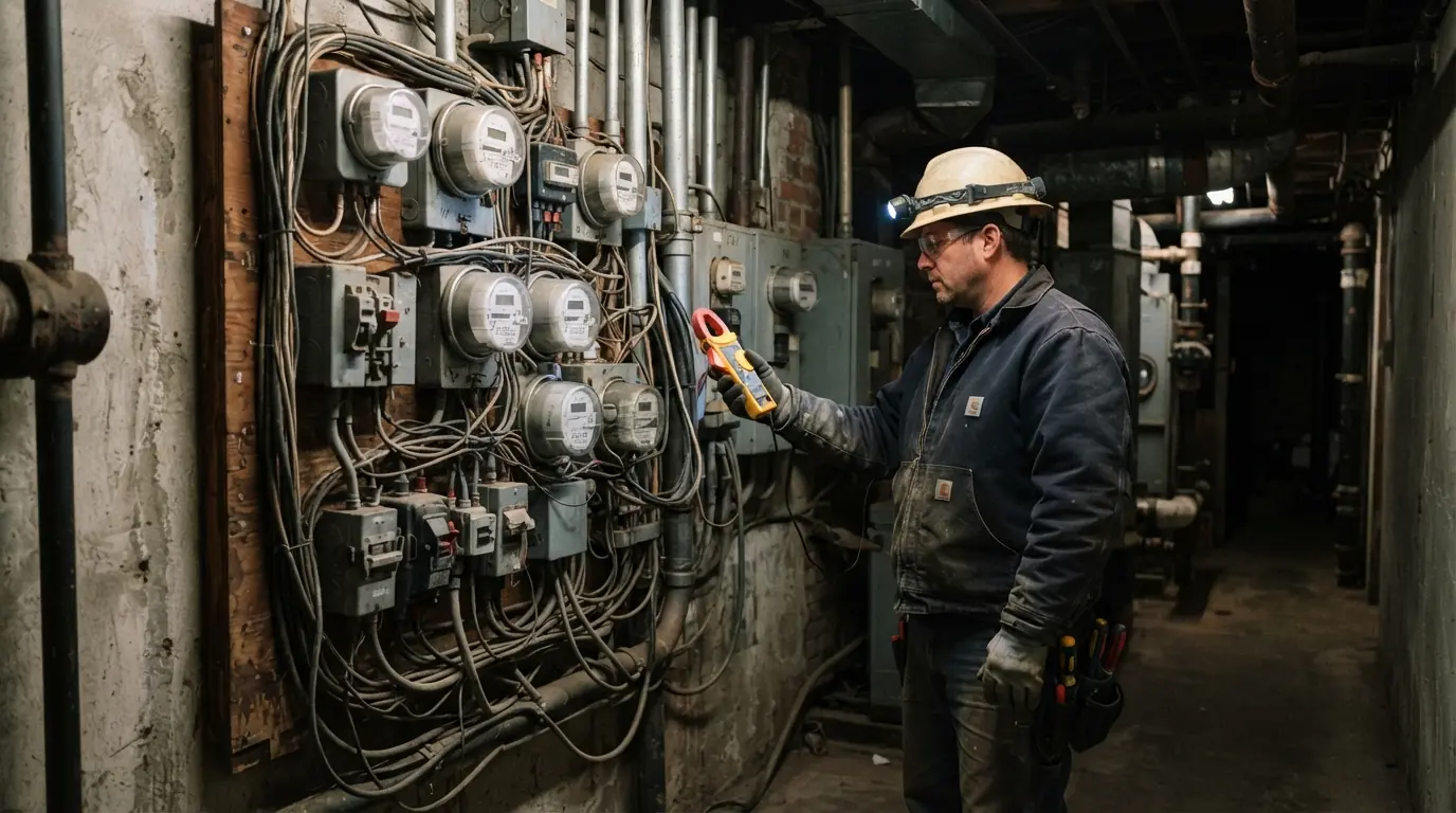 Checking riser conductors in a New York City apartment building basement