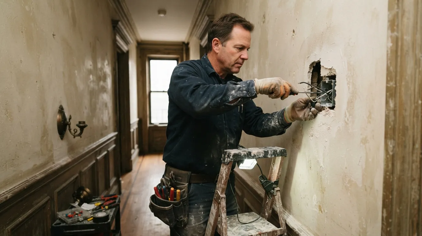 Installing a sconce box in a New York City brownstone hallway