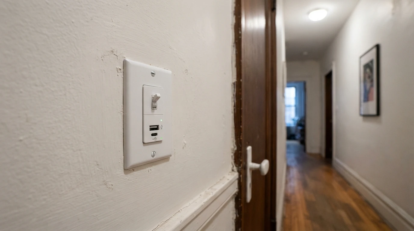USB-C outlet and three-way switch in a New York City hallway