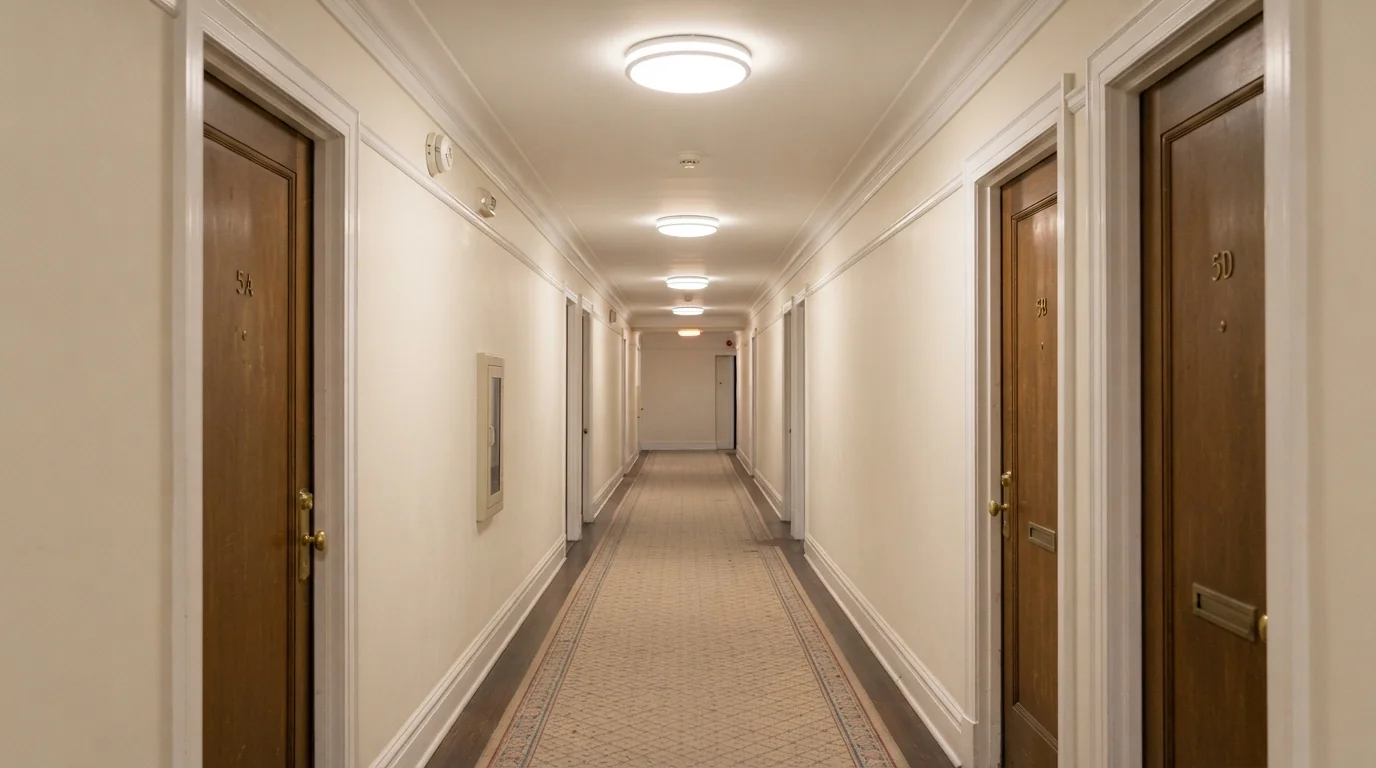 LED hallway fixtures in a New York City apartment building